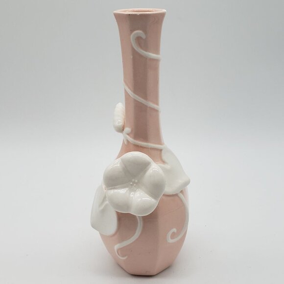 Fitz & Floyd 1982 Ceramic Peach Pink Pastel 3D White Applied Florals Bud Vase - Picture 2 of 10